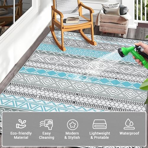 GAOMON Reversible Outdoor Rug 9'x18' Waterproof Plastic Straw Rug, Patio Rug, Large Modern Area Rug Carpet, Indoor Outdoor Rugs for Camping, Porch, Deck, Balcony, Backyard, Blue/Grey(Bohemia) - Image 5