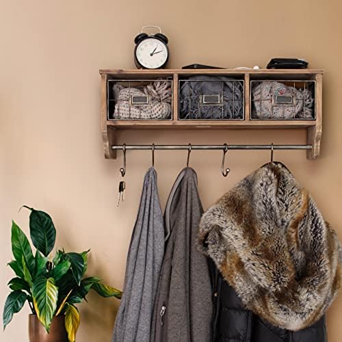 HBCY Creations Wall Mounted Shelf with Coat Hooks and Baskets, Solid Wood Entryway Organizer Wall Shelf with Hooks - Hang Coats, Keys or Coffee Mugs, Rustic Brown 24" Wide - Image 4
