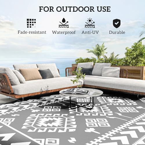 Outsunny Outdoor Rug for Patio Waterproof 9' x 12' Black & White Rhombus - Image 6