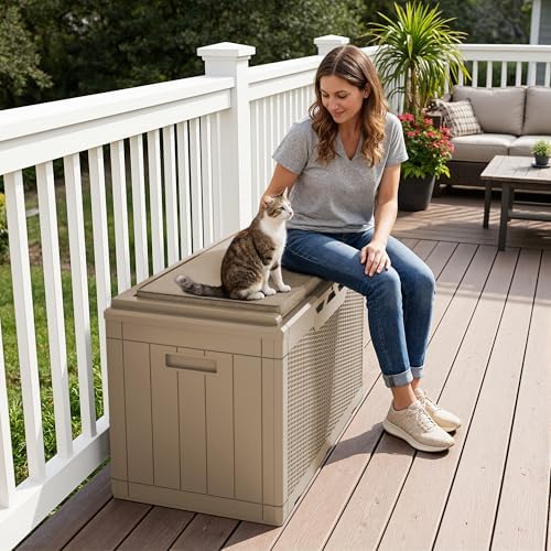 Greesum 100 Gallon Resin Deck Box Large Outdoor Storage Boxes with Cushions for Garden Tools, Patio Furniture Pillows, Pool Supplies, Light Coffee - Image 6