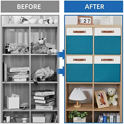 Temary Cube Storage Bins Storage Cube Bins for Home, 4 Pack Fabric Storage Bins for Organization, Storage Cubes 13x13 Cube Baskets with Leather Handles (White&Teal) - Image 7