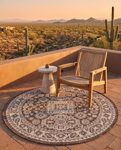 Rugs.com - Outdoor Aztec Rug – 4 Ft Round Brown Indoor/Outdoor Rug – Weather Resistant Flatweave for Patios, Decks, and Porches - Image 7