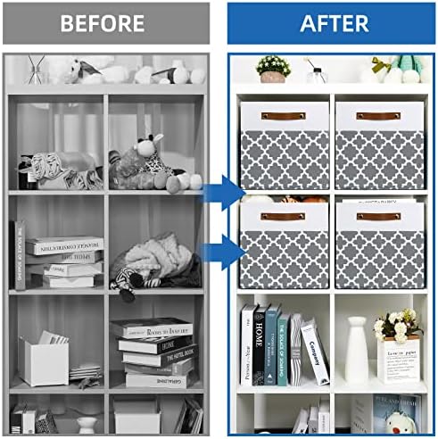Temary 12x12x12 Fabric Storage Bins 4 Pack with Leather Handle, Foldable Cubes Storage Box Baskets for Closet, Shelf (White&Lattice) - Image 6