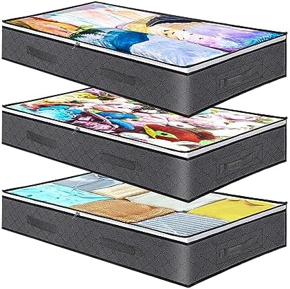 Under The Bed Storage Containers, 3 Pack Large Capacity Underbed Storage Bags Organizer, Collapsible Storage Bins with Clear Window for Blanket, Bedding, Comforter, Clothes Bedroom Storage Bags Gray by Konfon+Sole