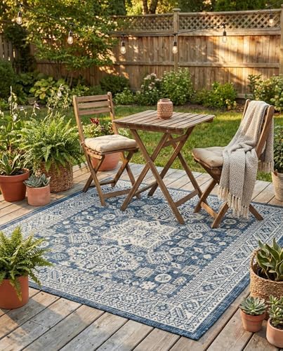 Rugs.com - Outdoor Aztec Rug – 5 Ft Square Blue Indoor/Outdoor Rug – Weather Resistant for Patios, Decks, and Porches by Rugscom