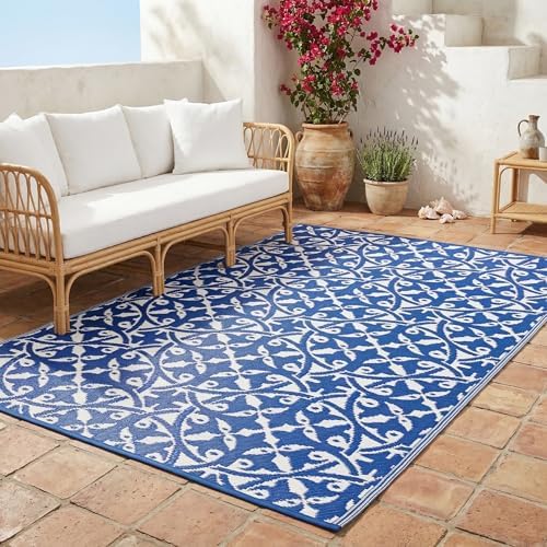 Fab Habitat Outdoor Rug - Waterproof, Fade Resistant, Crease-Free - Premium Recycled Plastic - Spanish Tile Farmhouse - Large Patio, Deck, Sunroom, Camping, RV - San Juan - Dark Blue - 6 x 9 ft by FabHabitat