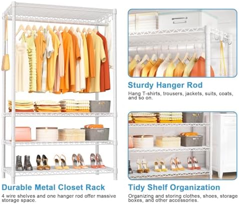 Ulif H4 Plus Garment Rack, 4-Tier Portable Clothes and Clothing Rack for Bedroom and Cloakroom, Closet Storage and Organizer Wardrobe System, 45" W x 14" D x 76.4" H, Load 522lbs, White - Image 4