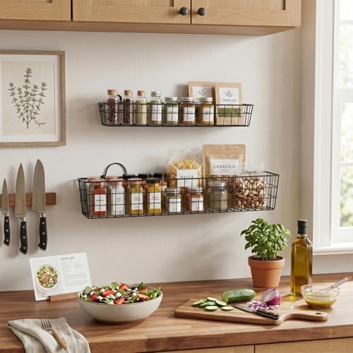 MyGift 2pcs 30-Inch Wire Baskets for Storage and Organization, Rustic Black Wall Mounted Metal Display Racks - Image 2