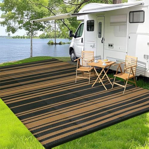 Outdoor Plastic Straw Rug 9x18 Waterproof Outside Rug, Large Modern Striped Reversible Floor Mats, Foldable & Lightweight Camping Carpet for Patio, Porch, Deck, Backyard, Balcony, Black Brown by GAOMON
