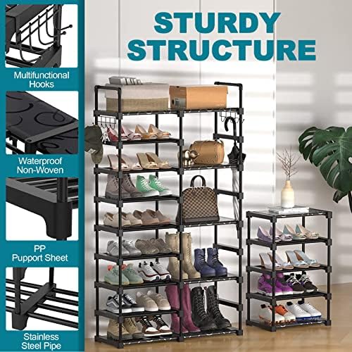 9-Tier Shoe Rack Storage Organizer, Shoe Shelf for Holds 50-55 Pairs Large Shose Stand with Adjustable Side Hooks for Entryway and Hallway - Image 6