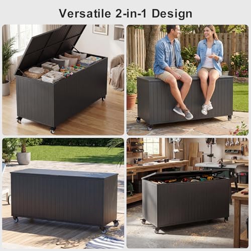 250 Gallon Metal Large Outdoor Deck Box with 4 Wheels, Black - Image 5