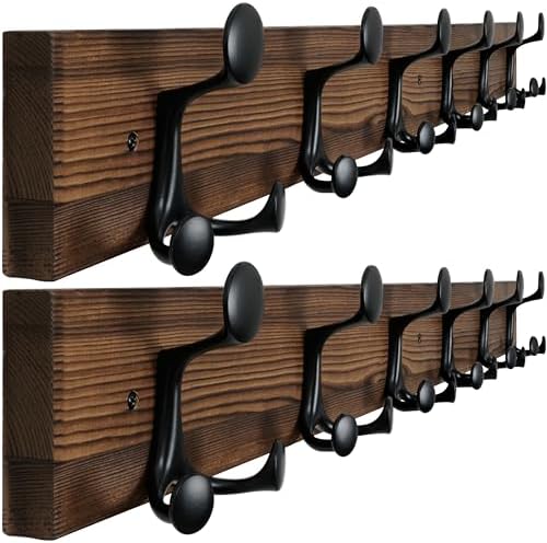 WEBI Coat Rack Wall Mount,36" Solid Wood Coat Hooks Wall Mounted Coat Hanger,16" Hole to Hole,Heavy Duty Hook Rack,6 Triple Hooks for Hanging Coats,Jacket,Hat,Backpack,Farmhouse,Brown,2 Packs by WEBI