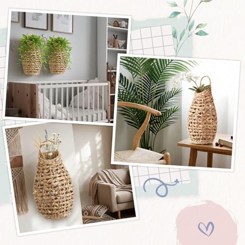 Chunful 2 Pcs Water Hyacinth Hanging Wicker Basket, Natural Wicker Decorative Baskets, Handmade Woven Storage Organizer for House Garden Wedding Wall Decorations, Large Size - Image 4