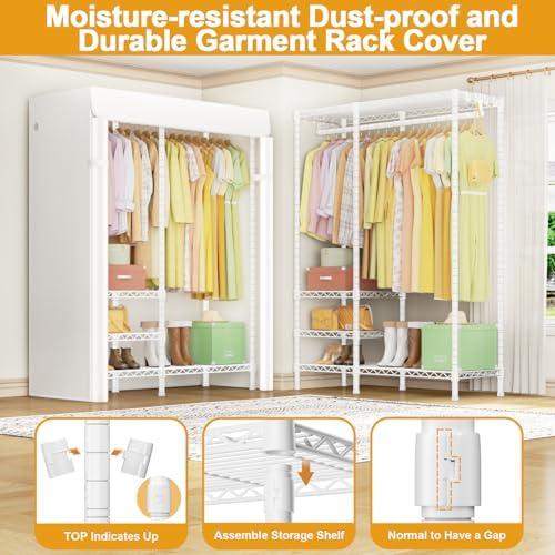 Ulif F4C Heavy Duty Clothes Rack with Dustproof Cover，Freestanding Clothing Racks for Hanging Clothes，Adjustable Closet Organizer System，Portable Garment Rack 45"W*15.8"D*71.3"H，Max Load 600LBS，White - Image 4