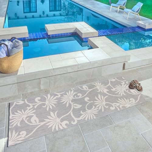 Gertmenian Indoor/Outdoor Kona Coast by Reyn Spooner Runner Rug - 2x6 Runner, Stain & UV Resistant, Ideal for Deck, Patio, Poolside Rooms - Floral Vines, Gray Cream, 46682 - Image 2