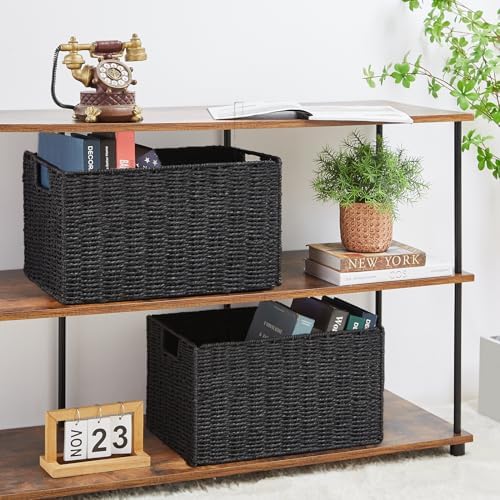 Vagusicc Wicker Storage Basket, Set of 2 Hand-Woven Paper Rope Wicker Basket, Small Storage Baskets for Organizing Toilet Paper Basket, Foldable Large Cube Storage Organizer Bins for Shelves (Black) - Image 4