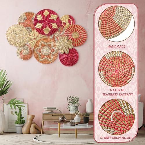 Tatuo 11 Pcs Boho Wall Basket Decor Woven Wall Hanging Art, Pink - Image 4