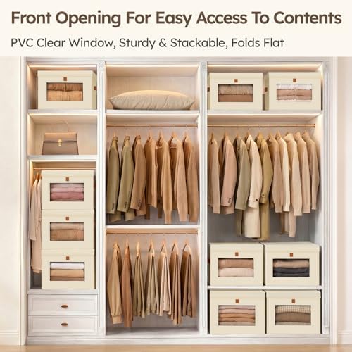 Homsorout Storage Bins with Lids - Front Opening Storage Box with Clear Window & Handles, Stackable Foldable Fabric Bins for Closet Organization, Clothes, Sweaters, Towels, Blankets, 6 Pack, Beige - Image 2