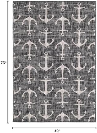 Unique Loom Outdoor Coastal Collection Area Rug - Ahoy (4' 1" x 6' 1" Rectangle, Charcoal/ Ivory) - Image 2