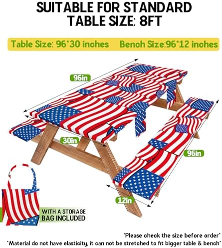 Picnic Table Cover with Bench Covers Waterproof Rectangle Tablecloth Camping Essentials Supplies Rv Travel Must Haves Gear Accessories Fitted Table Cloth Outdoor Road Trip Camper Gifts American Flag - Image 2