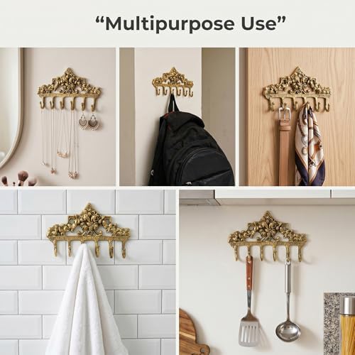 Indian Shelf Vintage Brass Floral Wall Hook Rack for Keys, Coats and Bags - Image 5