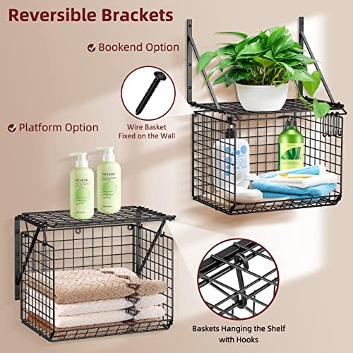 3IngSeagulls 2 Pack Laundry Room Shelves, Wire Baskets with 8 Hooks, Over Washer and Dryer Shelf, Wall Mounted Storage and Clothes Drying Rack, Black - Image 6