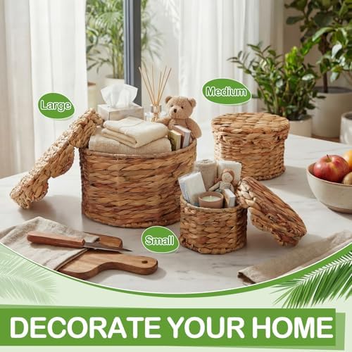 Newtay Set of 3 Scalloped Wicker Storage Baskets with Lid Round Rattan Woven Basket 11'' 8.7'' 6.3'' Natural Water Hyacinth Decorative Boxes for Organizing Nursery Home Closet Shelf Decors, 3 Sizes - Image 6