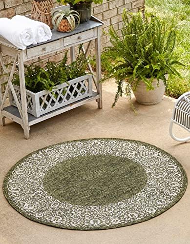 Unique Loom Outdoor Border Collection Area Rug - Floral Border (7' 10" Round, Green/ Ivory) by UniqueLoom
