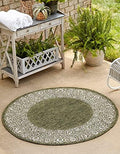 Unique Loom Outdoor Border Collection Area Rug - Floral Border (7' 10" Round, Green/ Ivory) by UniqueLoom