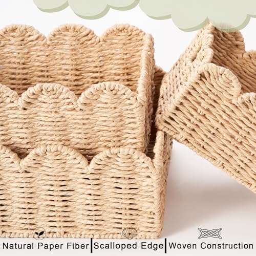 Scalloped Wicker Baskets Set of 3, Hand-Woven Storage with Handles - Image 3