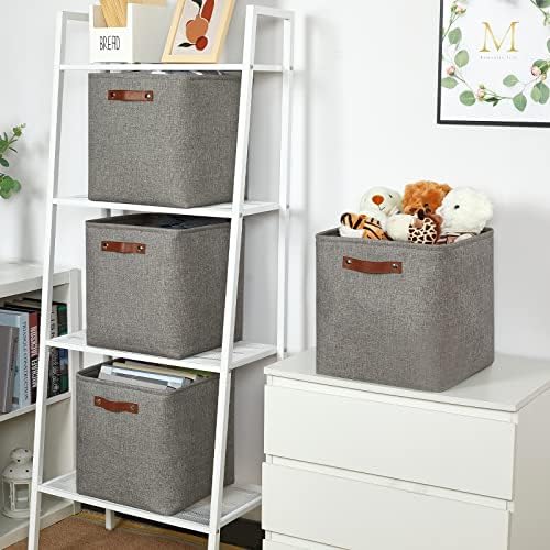 Temary Storage Baskets 13 Inch Fabric Storage Cubes for Shelves Set of 4 Storage Cube Bins for Home, Office, Storage Organizers for Toys with Leather Handles(Grey) - Image 5