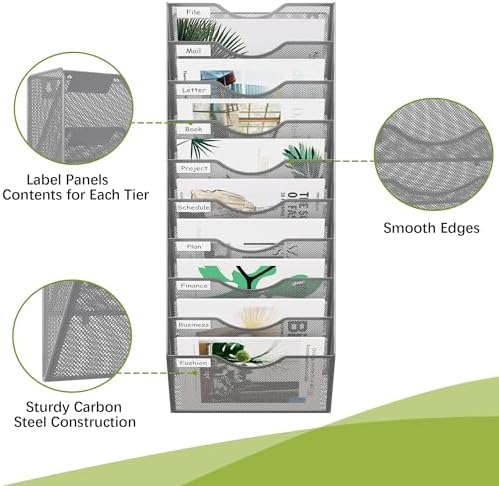 EasyPAG 10 Pocket Mesh Wall File Organizer, Hanging Paper Folder Holder with Classify Label, Vertical Wall Mount Mail Organizer for Office Home Classroom, Silver - Image 3