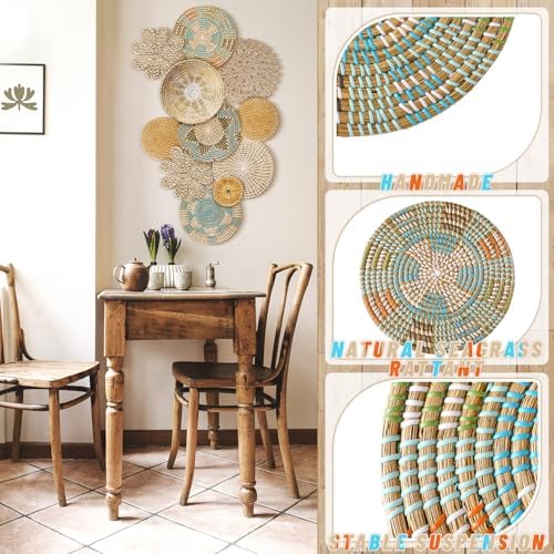 11 Pcs Boho Hanging Wall Basket Decor Handmade Woven Basket Wall Decorative Boho Wicker Baskets Placemats Round Farmhouse Bulrush Art for Rustic Home Decorations Christmas Gift(Bright) - Image 4