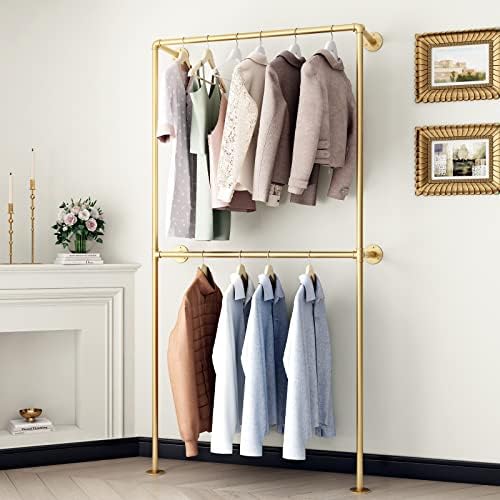 Gold Clothing Racks Wall Mount Clothes Rack, Heavy Duty Industrial Pipe Clothing Rack Retail Display Hanging Rod for Closet Storage, Laundry Room(Gold) - Image 4