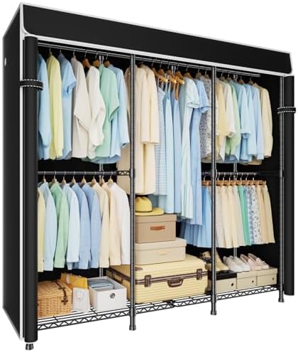 ULIFHOME E14C Heavy Duty Closet Organizer System，Freestanding Clothing Racks for Hanging Clothes，Adjustable Garment Rack 58" W × 16" D × 77" H Hold 860 lbs，Black Rack with Black Dustproof Cover by UlifHome