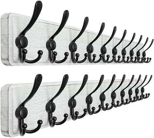 Dseap Coat Rack Wall - Heavy-Duty 38-1/4" Long, with Reinforced 10 Custom Tri-Hooks, Solid Wood Wall Hanger for Coats Hat Jackets - Rustic Farmhouse Entryway Storage, White & Black, Pack of 2 by Dseap