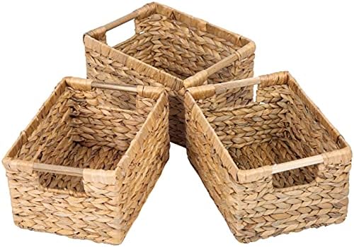 Natural Water Hyacinth storage basket with Handle, Rectangular Organizing Basket for Organizing, Decorative Wicker Storage Bins for Living Room, Medium Wicker Baskets - 3 Pack Medium by VATIMA