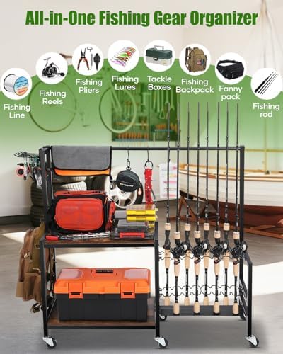 EXTCCT Fishing Rod Holder, Rolling 16 Pole Rack Cart for Garage, Brown - Image 2