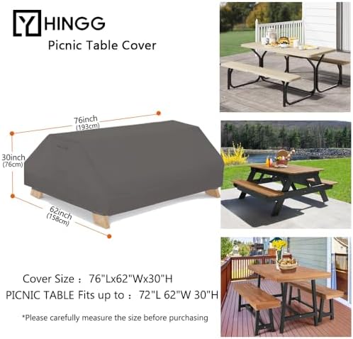 Picnic Table Cover Waterproof 70/72 Inch 600D Oxford Outdoor Table Cover with Bench Covers for Winter DustProof Heavy Duty (Grey, 6FT-70/72inch) - Image 2