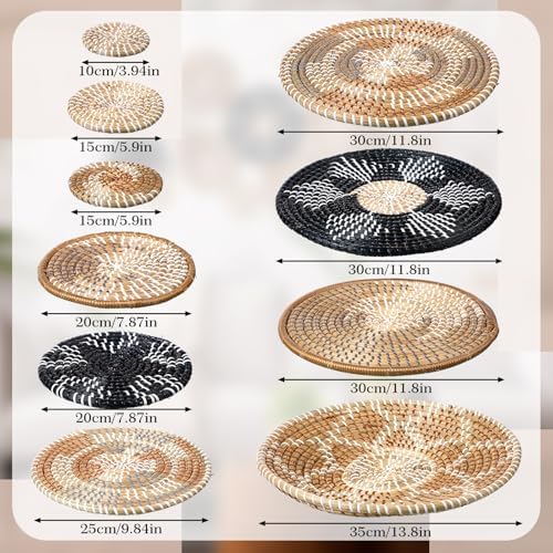 Xuhal 15 Pcs Boho Wall Basket Decor Handcrafted Seagrass Woven Wall Basket Rustic Round Woven Hanging Art for Home Farmhouse Kitchen Table Living Room (Dark Colors Style) - Image 3