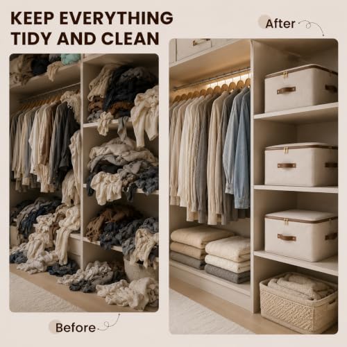 Tuza 3 Pcs Rigid Storage Bins with Zipper Lid, Cotton Linen Fabric Storage Boxes, Foldable Shelves Clothes Storage Cubes with Handles for Wardrobe, Closet(Beige, 42L) - Image 7