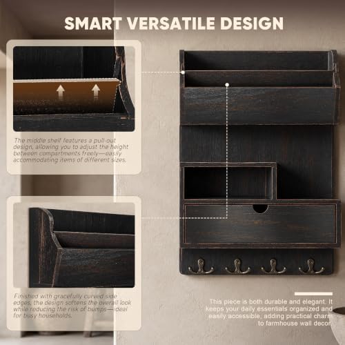 Rebee Vision Pine Wood Key Holder Wall Mount with Drawer, Distressed Black - Image 4