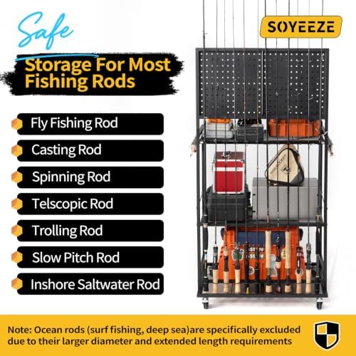 SOYEEZE Fishing Rod Holders for Garage, Fishing Pole Holder Up to 12 Rods with Pegboard and Hooks,Rolling Fishing Cart with Wheels, Fishing Gear Storage For Tackle Box & Reel Organization-4 Side Fence - Image 3