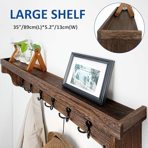 WEBI Rustic Coat Rack Wall Mount with Shelf,35" Long Wall Shelf with Hooks Underneath,7 Triple Hooks for Hanging Jacket,Bathroom,Entryway,Weathered Brown - Image 5