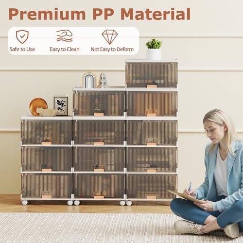 Giantex 4 Tier Stackable Storage Bins with Lids, 18 GalFoldable Shoe Storage Box with Detachable Wheels & Flip-Up Doors, Collapsible Closet Organizers and Storage Bins - Image 6