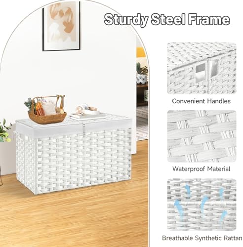 180L Wicker Storage Basket with Lid, Handwoven Rattan Large Shelf Basket with Removable Liner, 47.6 Gallon Wicker Basket for Blanket, Storage Trunk with Handle for Closet, Bedroom, Livingroom, White - Image 6