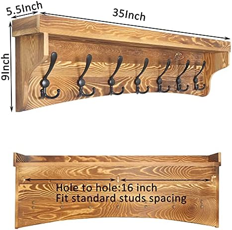 WEBI Wall Shelf with Hooks Underneath,35" Long Wall Mounted Coat Rack with Shelf,Entryway Shelves,7 Triple Hooks,Rustic Brown - Image 2
