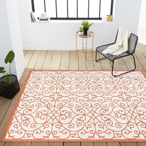Eyely Filigree Textured Weave Area Rug 3X5 Cream/Orange, Indoor Outdoor Rug by eyely