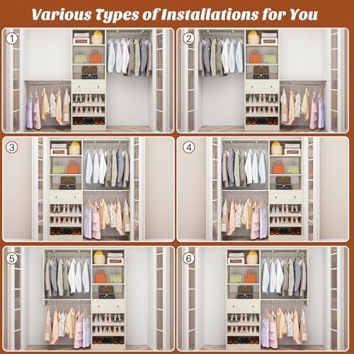 [10 FT Closet System] 120 Inch Reversible Set of 2 Wood Closet Organizer System with 2 Drawers, 4 Hanging Rods Adjustable Shelf, Walk In Closet Organizers with Shoe Rack, Garment Rack, White Oak - Image 5