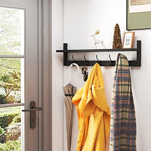 AMBIRD Wall Hooks with Shelf Entryway Hanging Wood Coat Hooks with Shelf Wall-Mounted Coat Hook Rack with 5 Dual Hooks for Bathroom, Living Room, Bedroom (Stylish Black) - Image 2